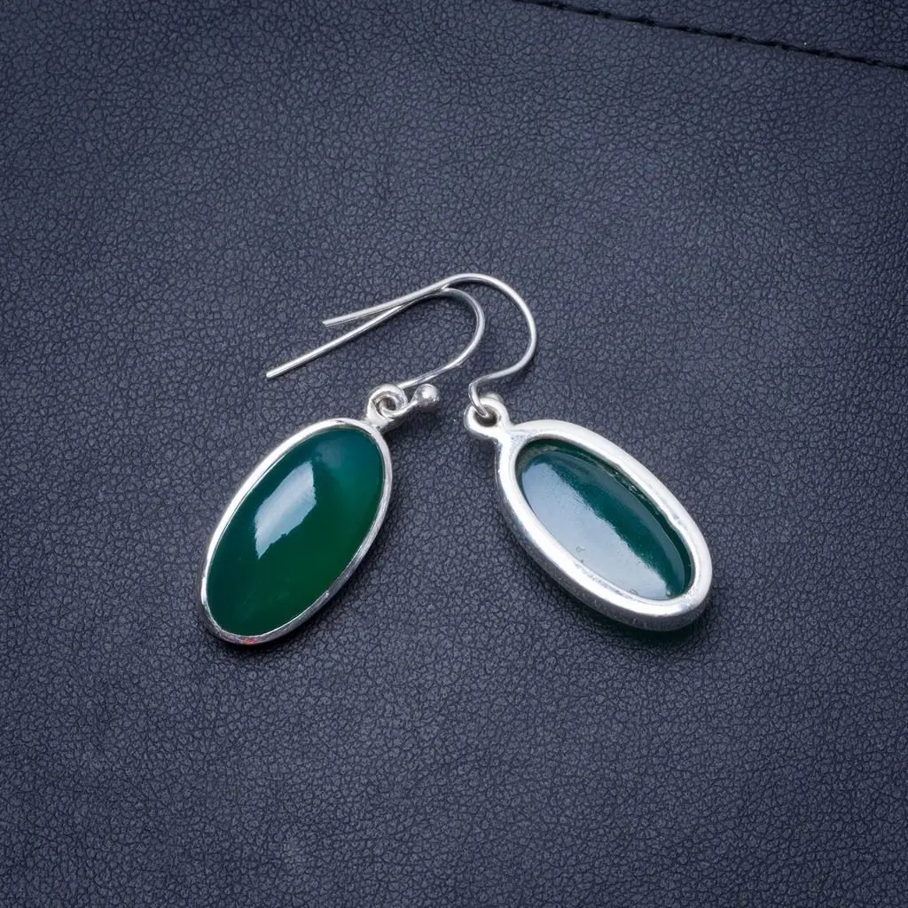 Уникальные серьги ручной работы с натуральным Chrysoprase серебряные узором в виде 925