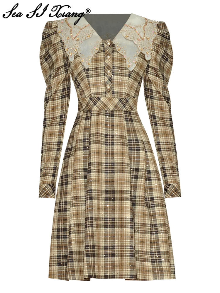 

Seasixiang Fashion Designer Spring Dress Women Puff Sleeve Embroidery Sequins Crystal Vintage Plaid Party Mini Dresses