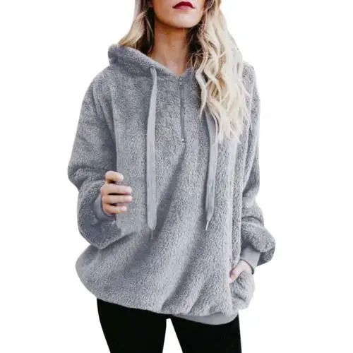 Light Gray Женский теплый флисовый пушистый свитшот на молнии с капюшоном толстовки зимний джемпер - Цвет: Light Gray