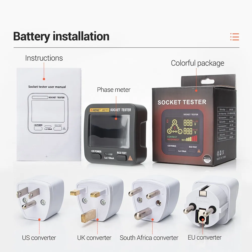 

1PC EU/AU/US/UK 4-Plug Optional AC11 Socket Tester Digital Display Voltage Test Detector Quick Socket Tester Tools