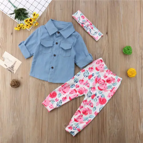 Весенне-осенний комплект одежды для маленьких девочек Джинсовая рубашка Топы +