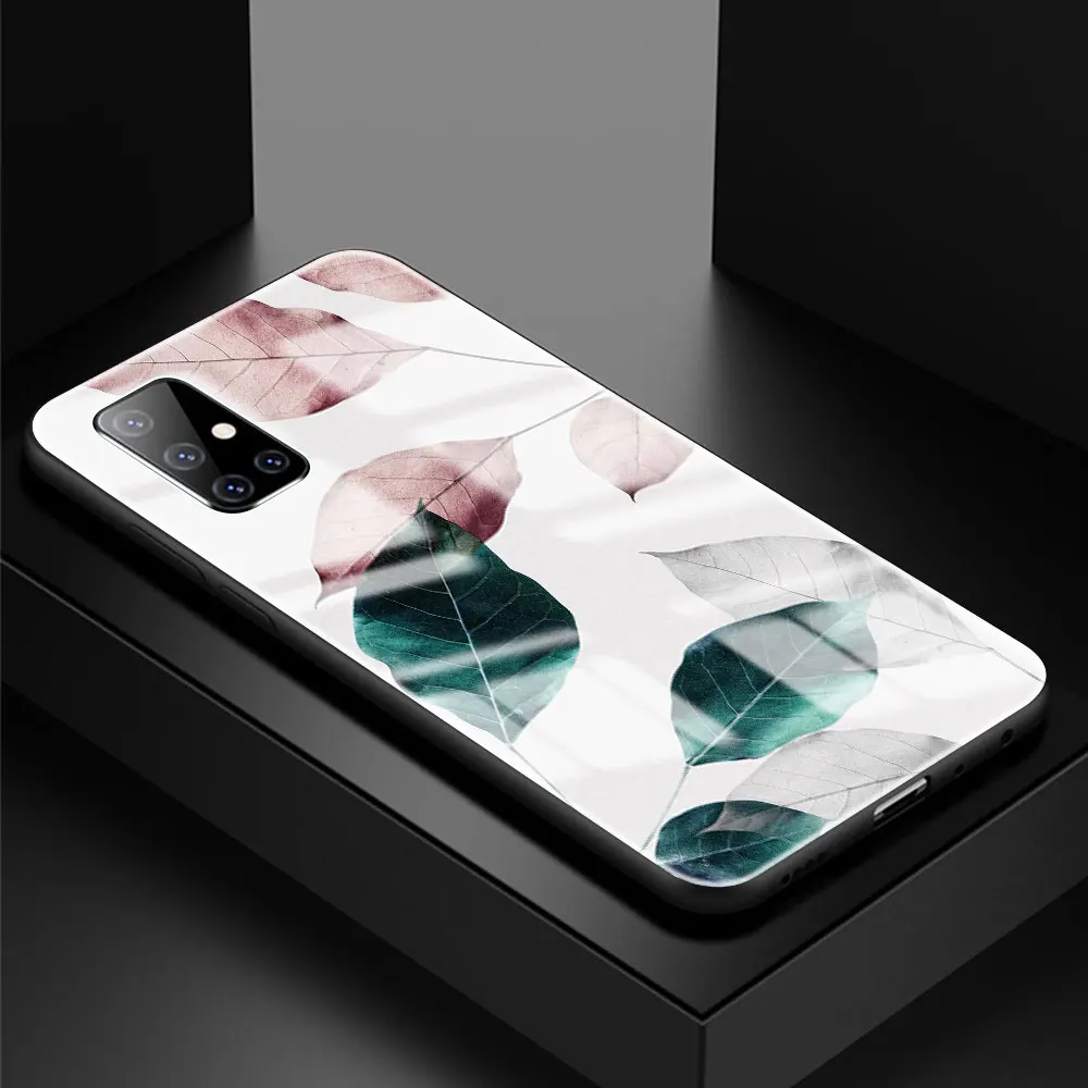 

Phone Case For Samsung Galaxy A51 A50 A71 A70 A31 A10 A21s A91 A40 A30 A41 A11 Tempered Glass Cover Feashion Leafs Art