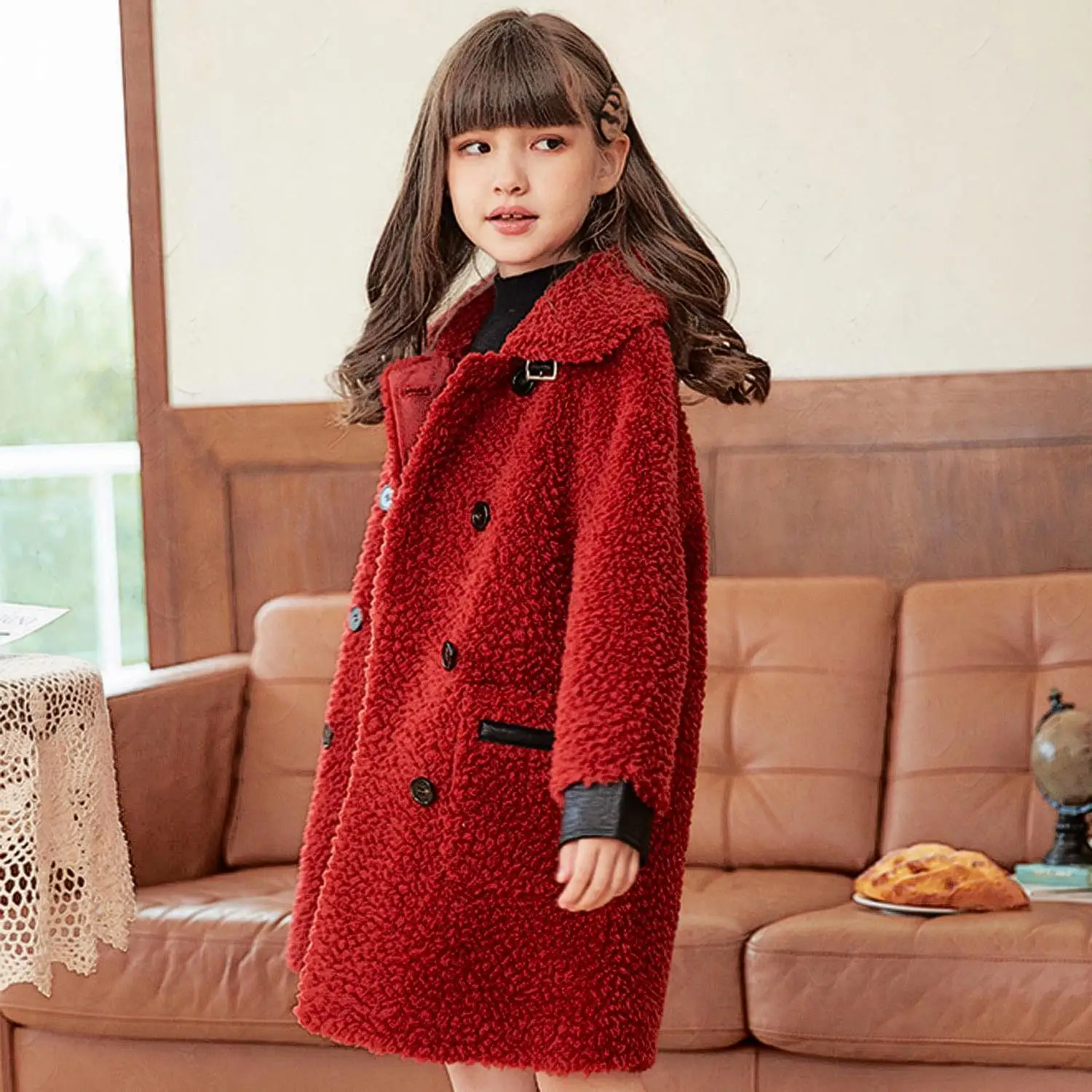 

Children Coat Toddler Baby Girls Long Sleeve Winter Spring Warm Thicken Buttons Pocket Outwear Kids Red Beige 2021 High Quality