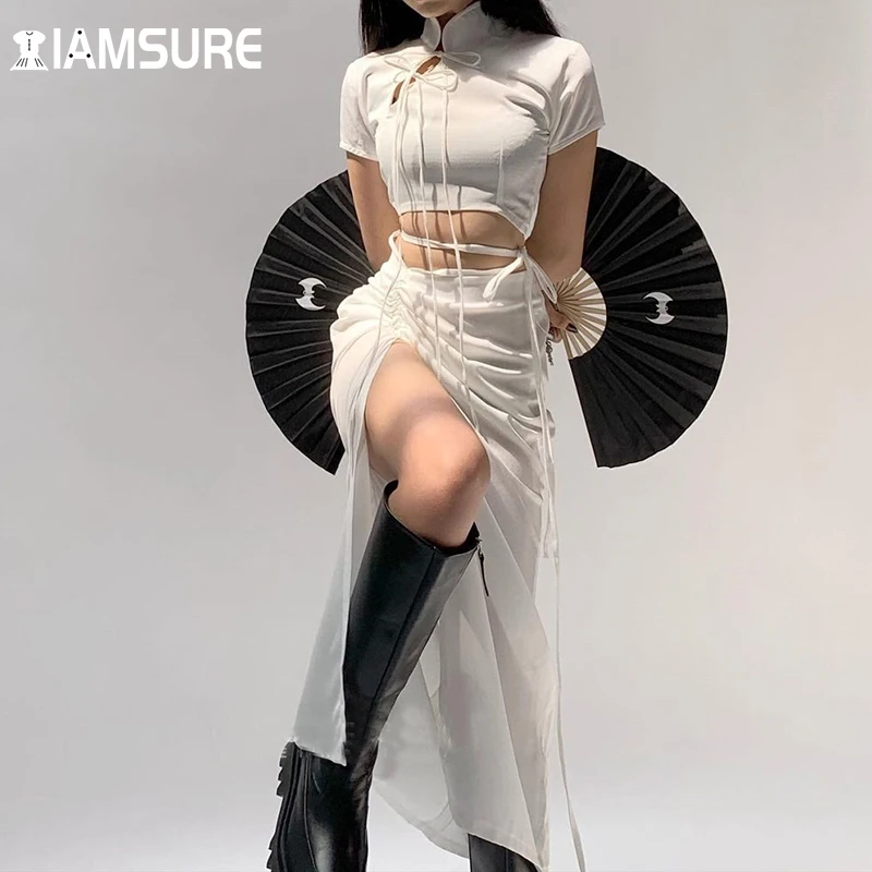 

IAMSURE Chinese Style Sexy Slim Bandage Dress Set Women Hollow Out Short Sleeve Crop Tops Drawstring Split High Waisted Skirts