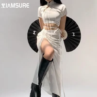 iamsure chinese style sexy slim bandage dress set women hollow out short sleeve crop tops drawstring split high waisted skirts