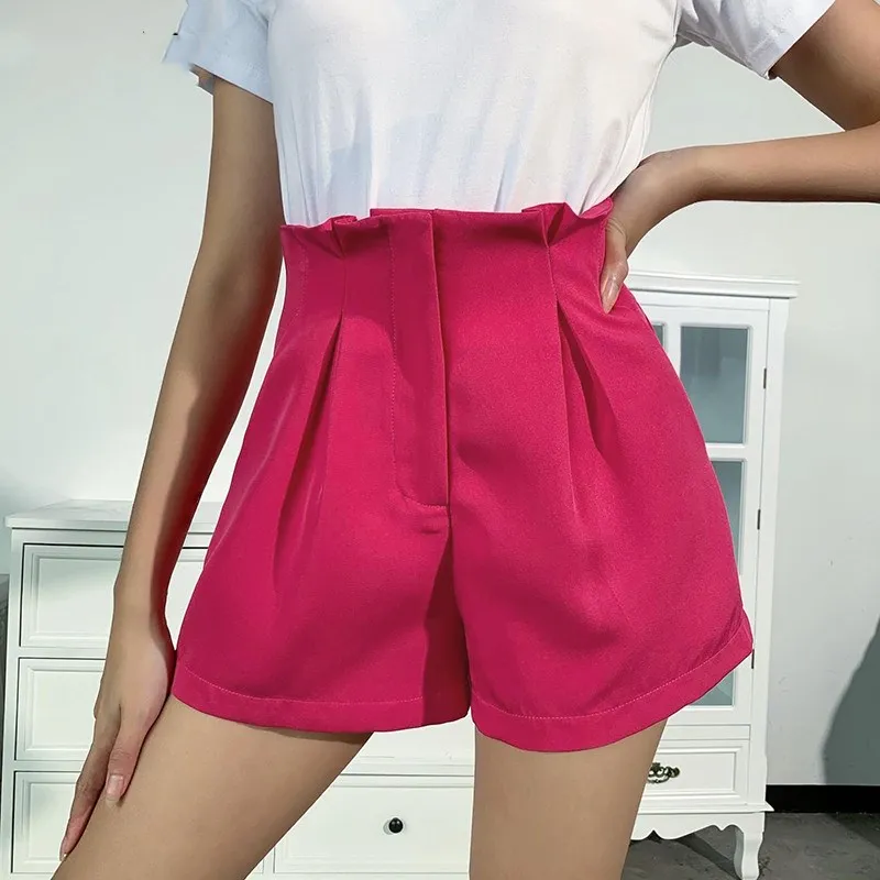 

OneLineFox Summer Wide Led Ruffles High Waist Shorts Women Zip Up 2020 New Fashion Elegant Casual Solid Shorts