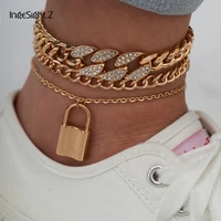 ingesight z iced out rhinestone crystal miami curb cuban anklet set padlock pendant anklet on foot barefoot sandals jewelry gift