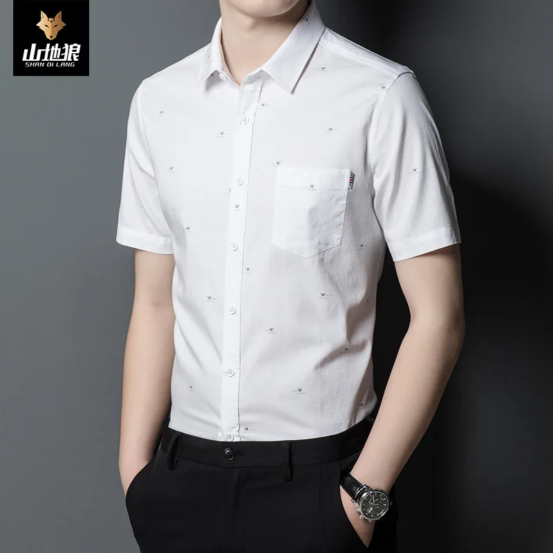 

Mountain Wolf men's summer new solid color printing Casual Short Sleeve Shirt Men's fashion business men's no iron shirt