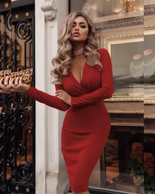 

2020 new popular women's dress popular deep V pleated hips spring and autumn long sleeve dress