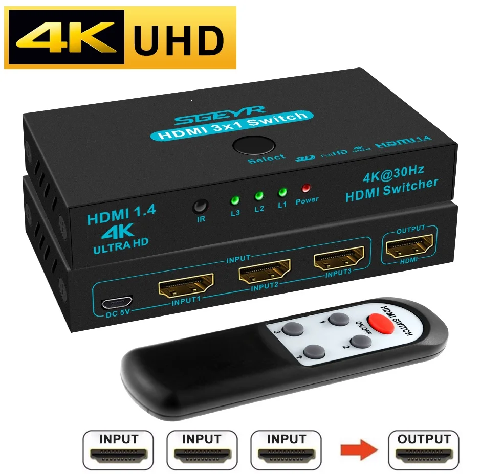 Коммутатор HDMI 1,4, SGEYR, 3 порта HDMI, 3 в 1, с поддержкой 4K при 30 Гц, 3D, 2160P, 1080P, пульт дистанционного управления