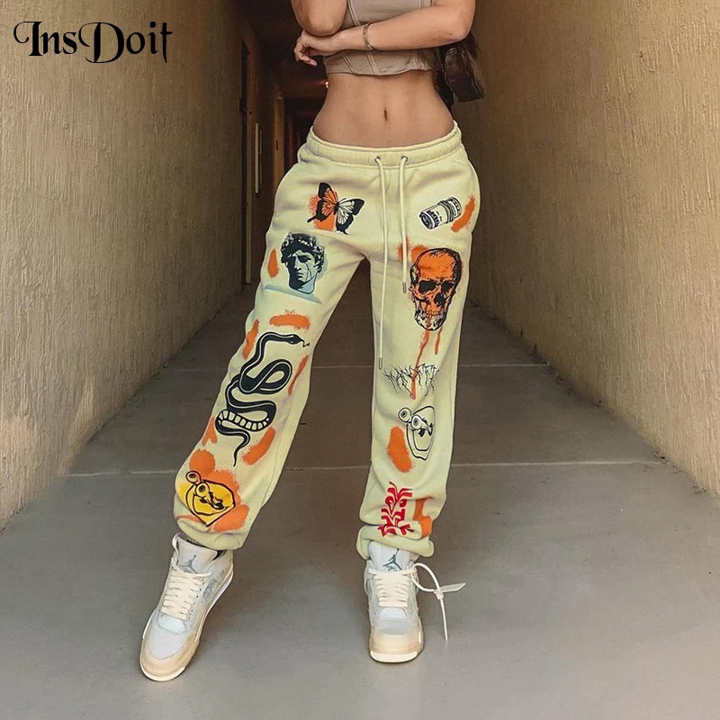 

InsDoit Streetwear Gothic Y2K Women Pants Harajuku Print Vintage Pants Drawstring Lace Up Trousers Aesthetic Fashion Harem Pants