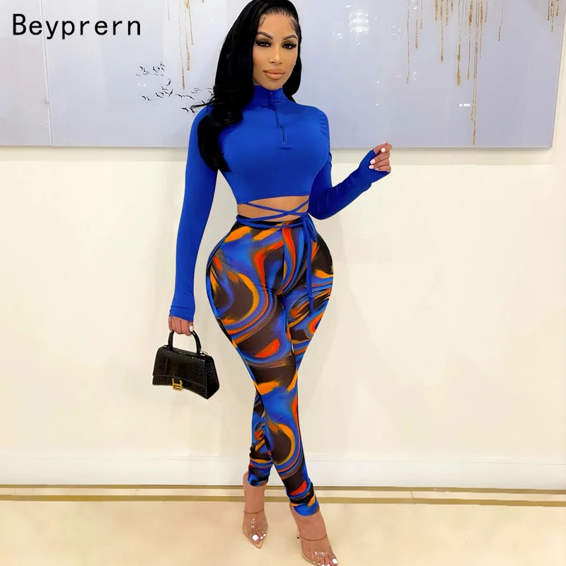

Beyprern New Chic Sport Legging Set (Blue Multi) Womens Zip Lace-Up Solid Crop Top And Pant Set Sexy Clubwears Workout Overalls