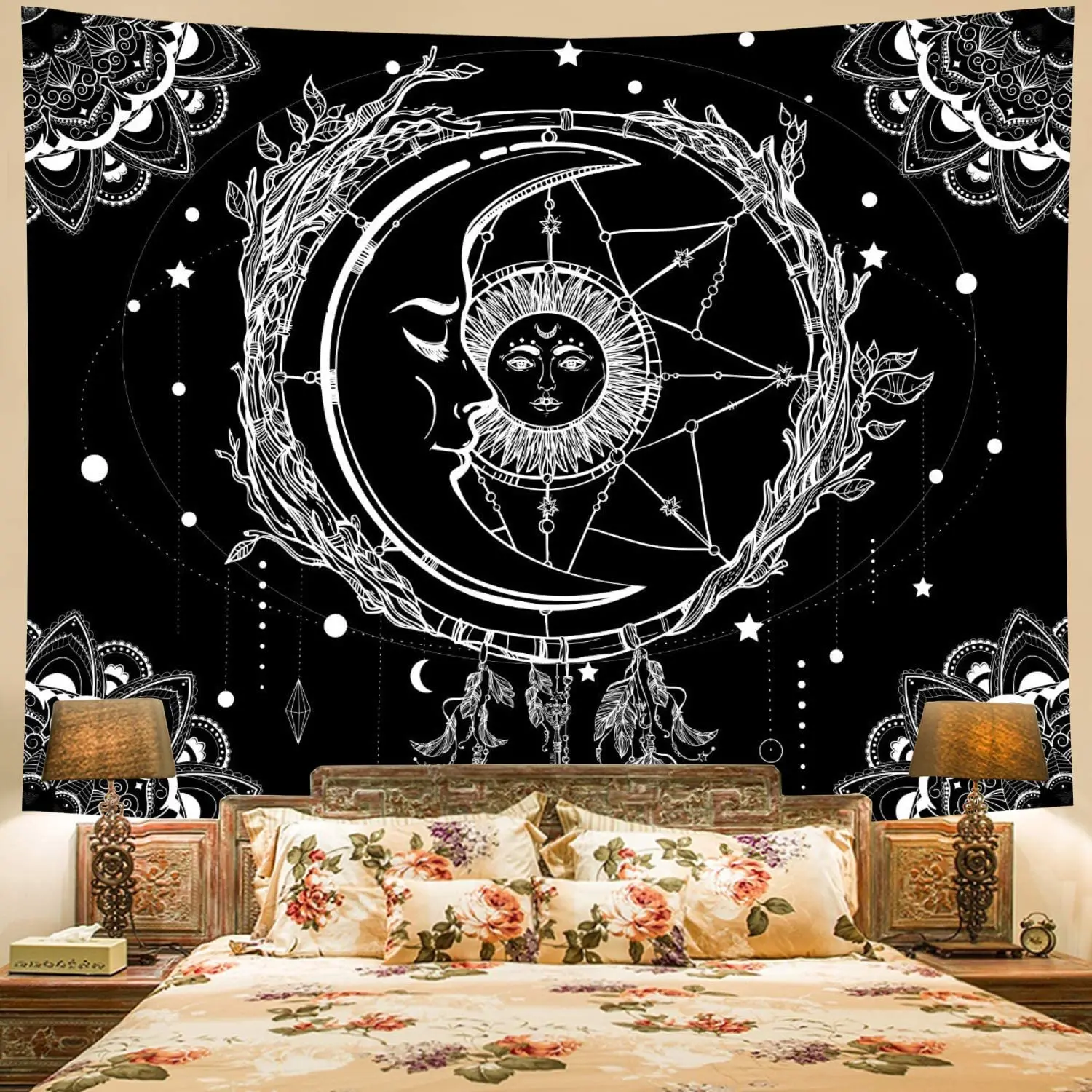 

LUCKYYJ Moon and Sun Bohemian Mandala Wall Tapestry Indian Hippy Celestial Tapestry Starry Dreamcatcher Tapestry Wall Hanging