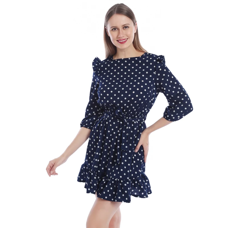 

Women Summer Dress Fashion Ruffle Trim Sashes 3/4 Sleeves Round Neck Dot Print Casual Dress Ladies Sweet Cute A Line Dresses