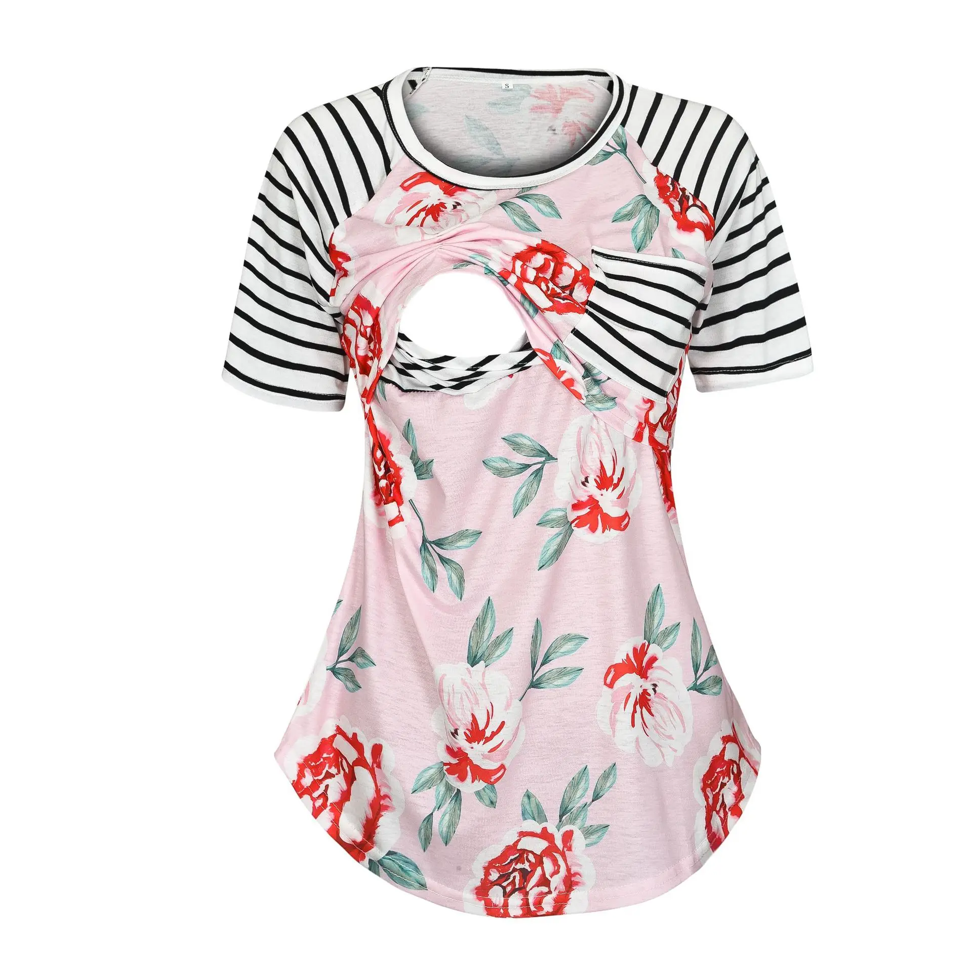 

Pregnant Breastfeeding Stripe Tee Tops O Neck Short Sleeve Stripe Frower Print Strappy Nursing T-Shirt Summer Maternity Top