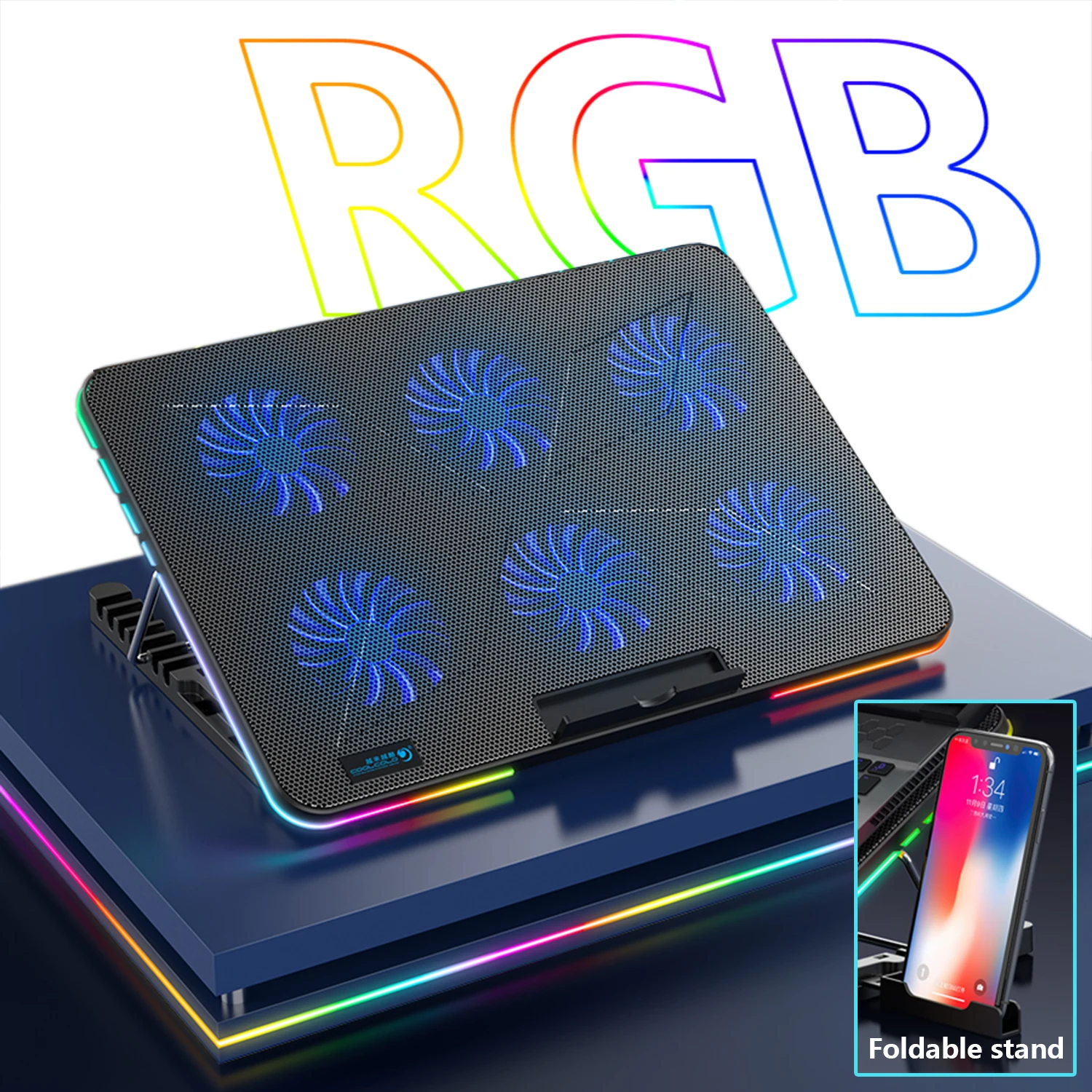 Кулер Coolcold RGB для игрового ноутбука, охлаждающий кронштейн с шестью вентиляторами и светодиодным экраном, охлаждающая подставка для ноутбука с двумя USB-портами, 12-17 дюймов - изображение