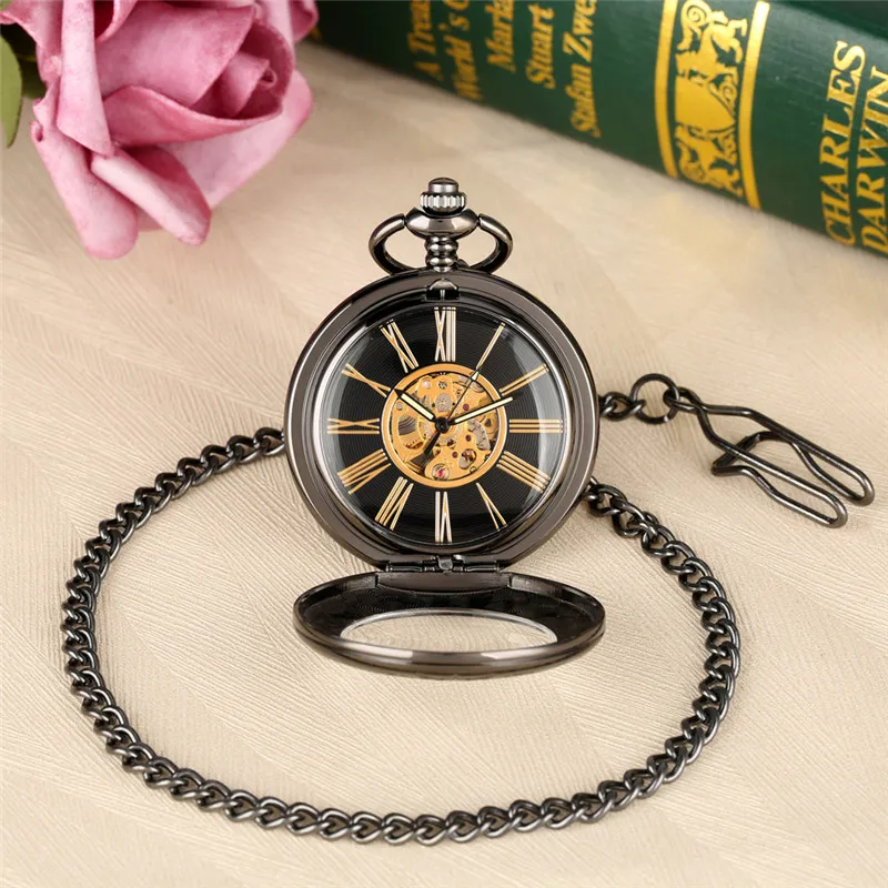 Antique Pendant Pocket Watch Unisex Hand Winding Mechanical Skeleton Watches Men Women Necklace Pendant Chain Half Hunter Gift