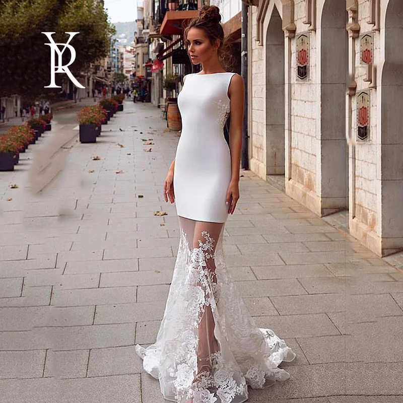 

YILIBERE Lace wedding dress sleeveless o-neck simple bridal dresses lace skirt embroidery applique backless plus size