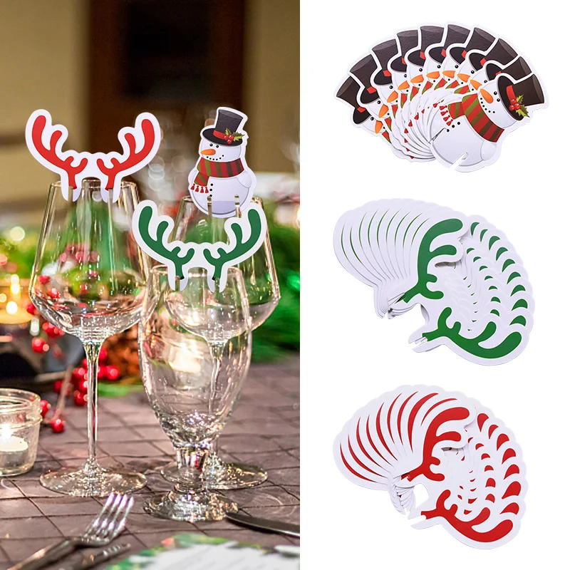 

50Pcs Christmas Cup Cards Santa Deer Red Wine Glass Marker Home Table Place Decorations Wine Glass Cup Tag New Year Supplies