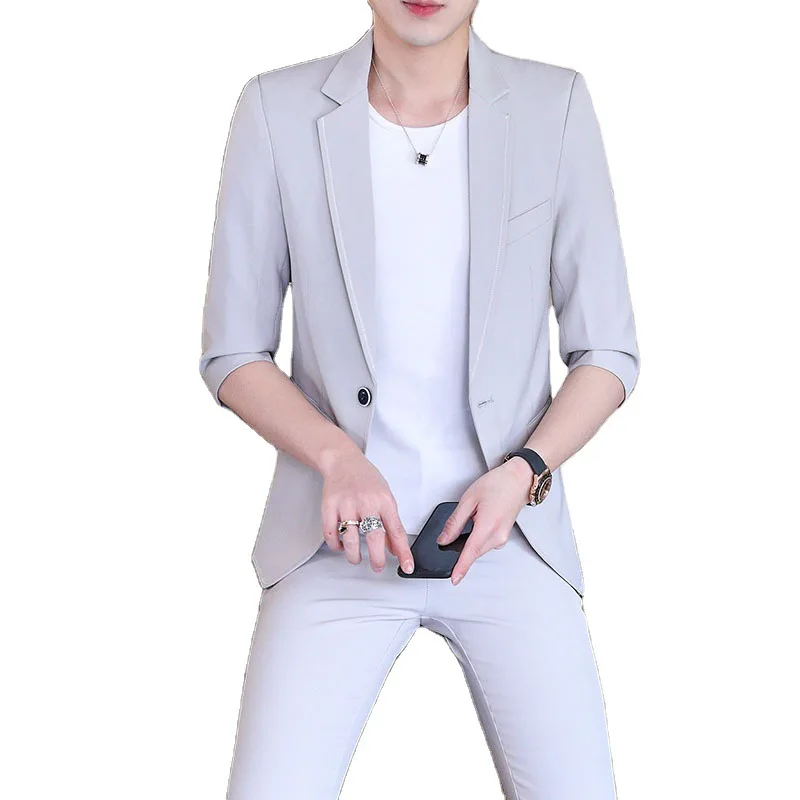 

2021 Summer Male Elbow Sleeve 3/4 Sleeve Suit Suit Youth Thin Solid Color Slim-Fit Assorted Colors Leisure Suit