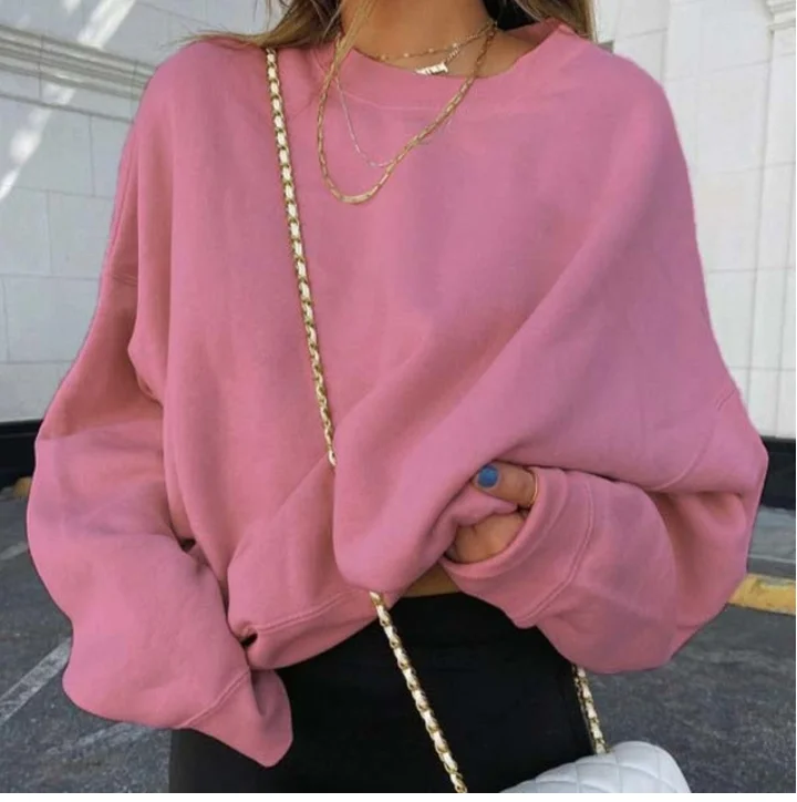

Women Sweatshirts New Hot Sale Solid Color Long Sleeved Casual All-match Solid Leisure Loose Tops