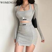 womengaga autumn sexy tight full sleeve tops t shirt navel hanging neck vest tank high waist hip mini skirt set 99t1