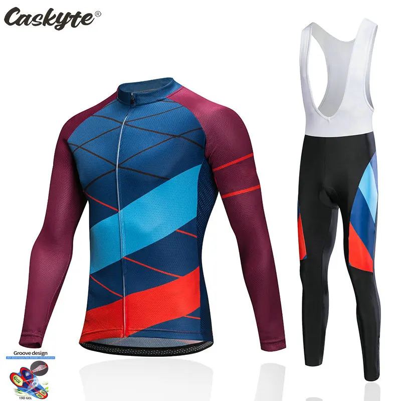 

2021 CASKYTE Pro Team Long Sleeve Cycling Jersey Set Bib Pants Ropa Ciclismo Bicycle Clothing MTB Bike Jersey Uniform Men Clothe