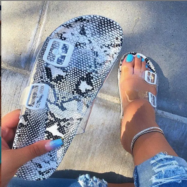 

Clear Shoes 2020 New Summer Open Toe Belt Buckle Flat Slippers Ladies Snake Shallow Casual Beach Slide Woman Shoes