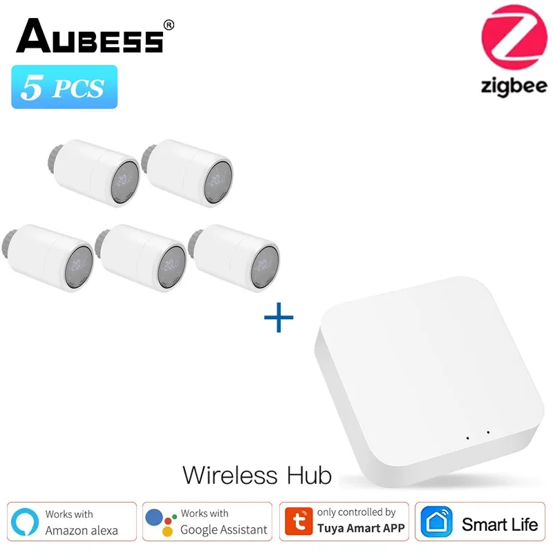

Умный термостат радиатора Aubess Tuya ZigBee 3,0, устройство для контроля температуры при низком заряде батареи, Звуковое управление для Alexa Google Home