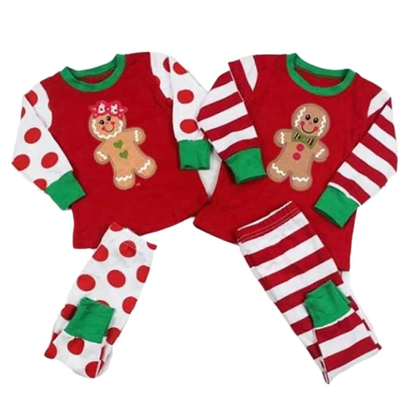 

Wholesale kids clothing winter cute gingerbread embroidery Christmas boys and girls matching pajamas striped polka dot outfit