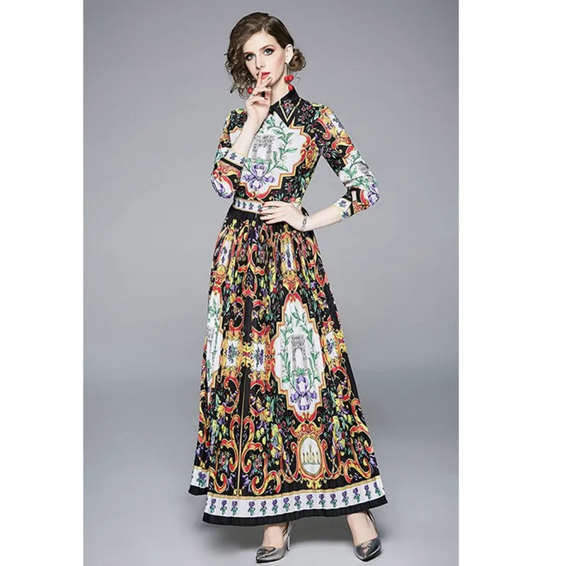 Летние новые женские лацканы Цветочные slim fit плиссированные качели выше колена