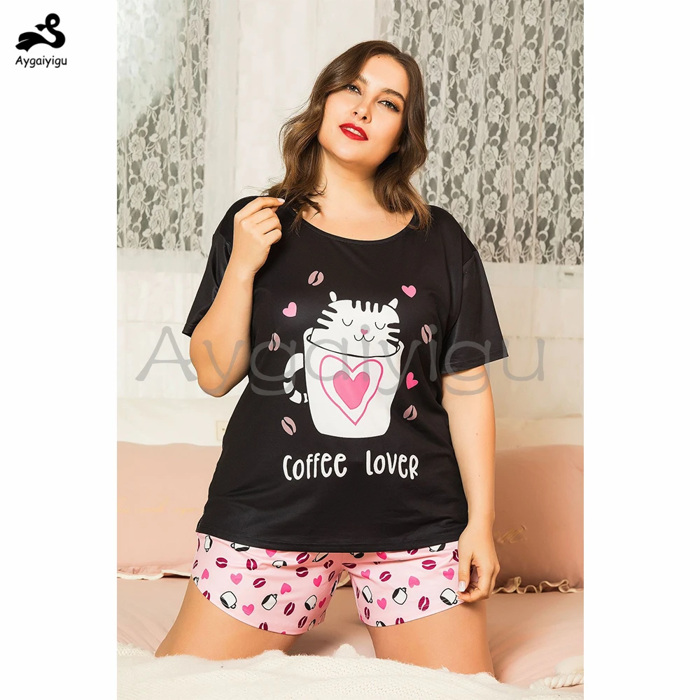

Aygaiyigu Summer Home Wear Women Casual Sleep Wear Kawaii Cat Printed Tops Elastic Waist Shorts Fashion Plus Size Loungewear