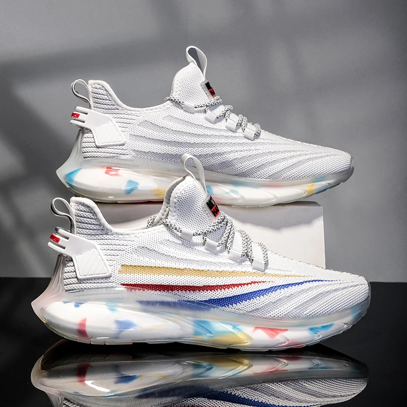 Мужские кроссовки из эластичной ткани белые дышащие для бега большие размеры