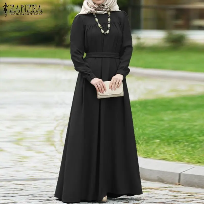 Женское осеннее платье ZANZEA с длинным рукавом, повседневный однотонный кафтан, Abaya, Дубайский хиджаб, мусульманское платье, свободный сарафа...