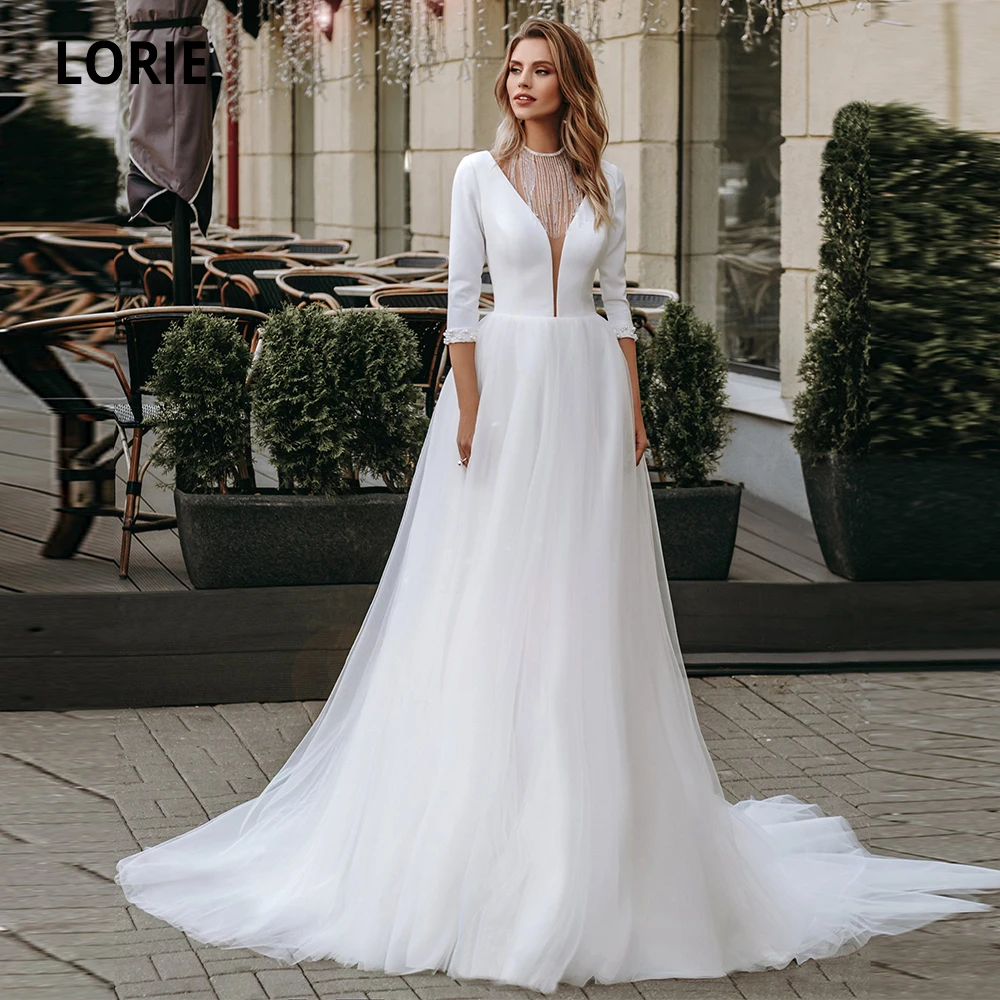 

LORIE 3/4 Sleeve Beading Satin Wedding Dresses Boho 2019 V-neck Open Back Tulle Beach Bridal Gowns Simple Cheap Wedding Gowns