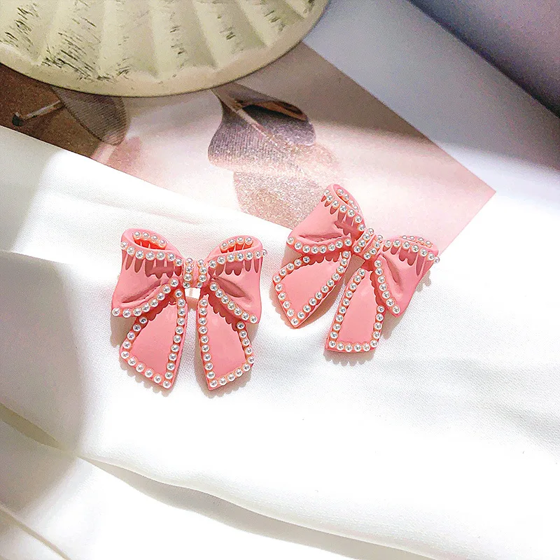 

USTAR Cute Pink Bowknot Stud Earrings For women Girls Pearl Earring bijoux Party Fashion Jewelry Gifts