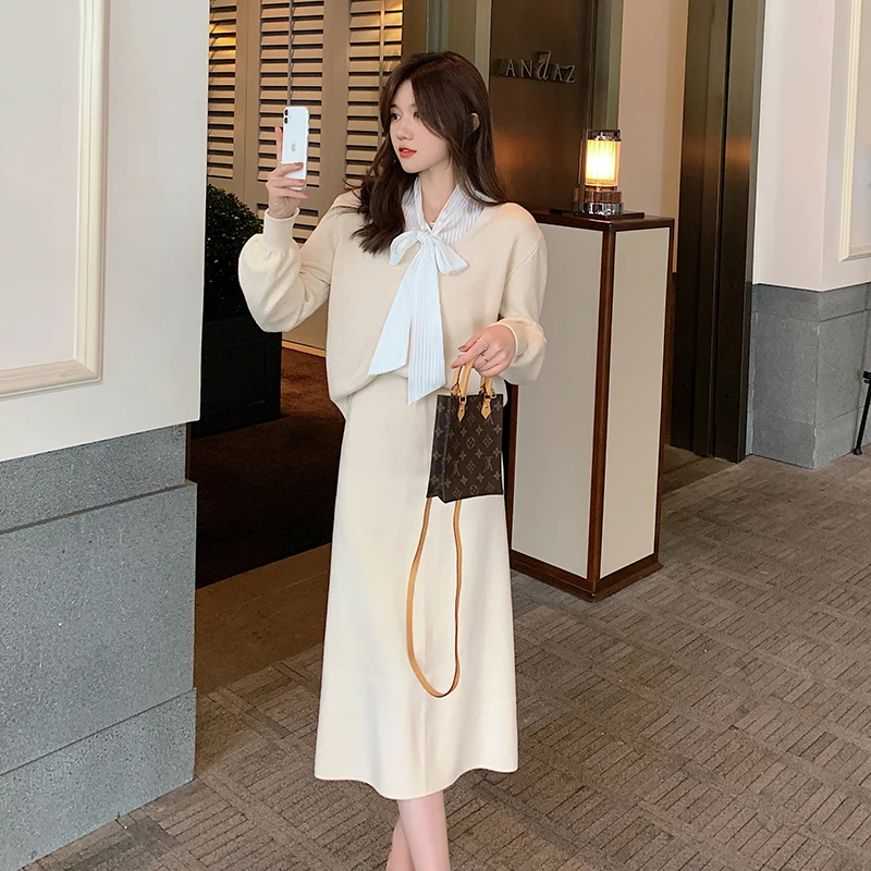 Женский костюм из двух предметов вязаный кардиган с бантом и V-образным вырезом