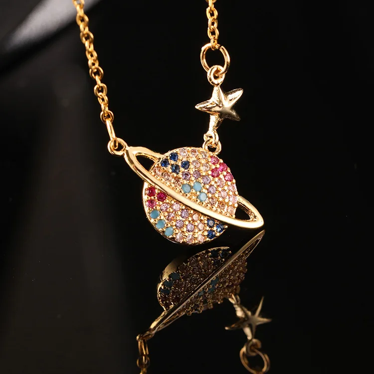 

Iced Out Full Zircon Inlaid Planet Saturn Necklace Female Light Crystal Luxury Temperament Fashion Jewelry for Women Gift