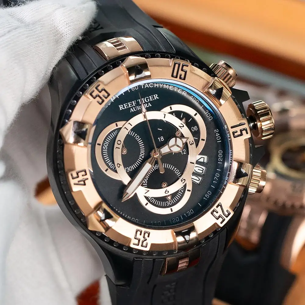 Спортивные мужские часы Reef Tiger/RT полностью синие розовое золото с большой датой