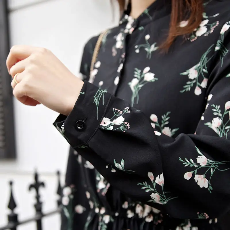 

Retro Floral Large Chiffon Dress Women's Spring and Autumn 2020 New Korean-Style Long-Sleeved Midi Dress