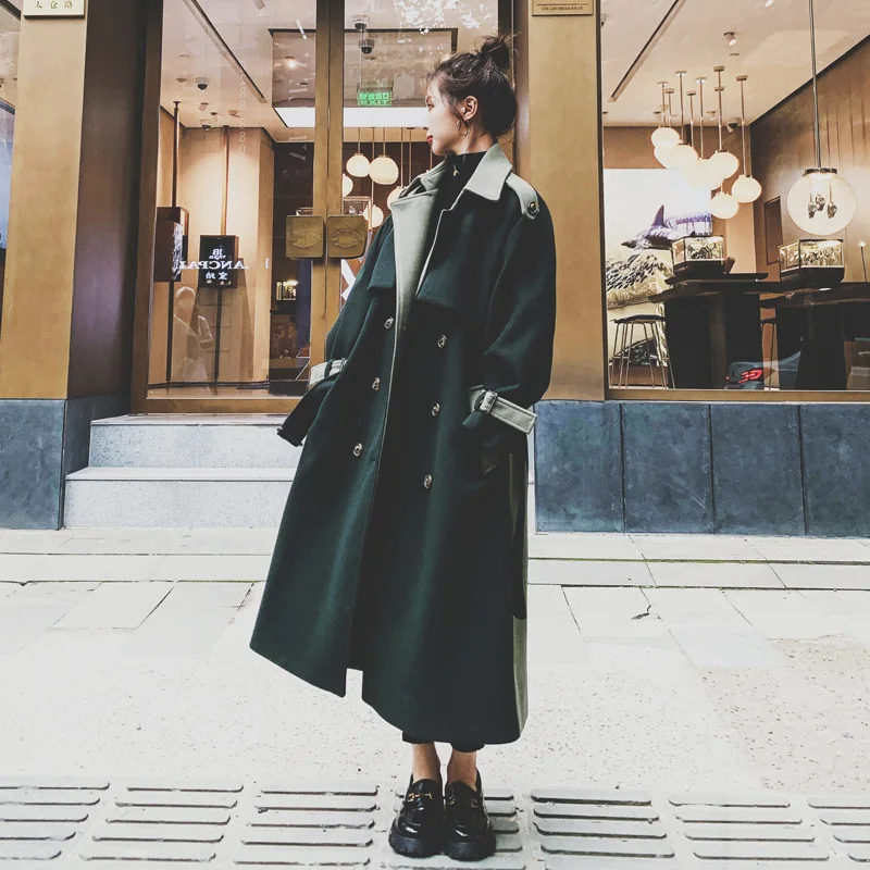 

Fashion Stitching Dark Green Woolen Coat Women's Mid-Length 2020 Winter Jackets New Loose Long Wool Coat Female Outerwear m856