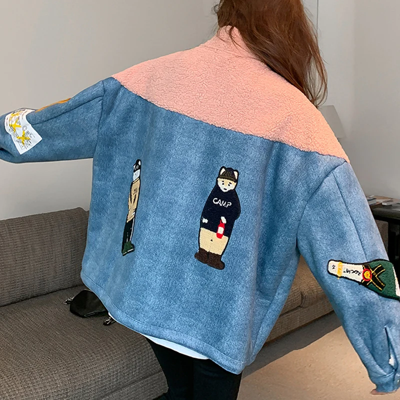 PERHAPS U Women Faux Fur Ted Denim Jacket Outwear Zipper Warm Thick Patchwork Leather C0474