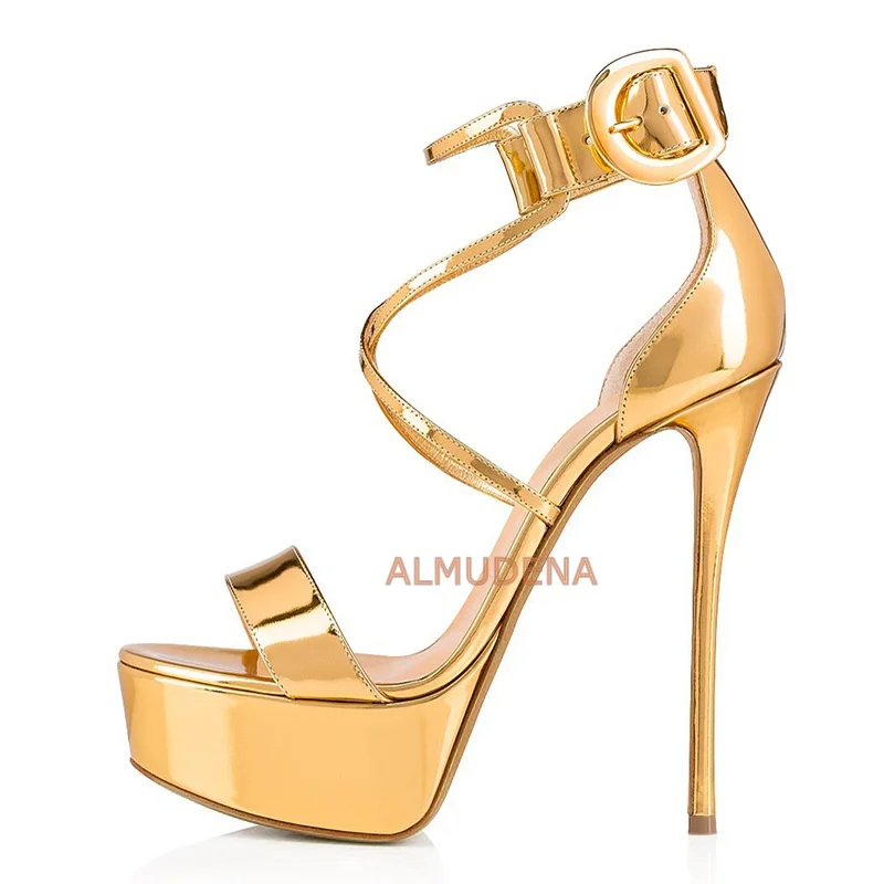 

Golden Open Toe Platform Luxury Gladiator Sandals Women's Summer Stiletto Ankle Strap Party Night Club Dress Super High Heels