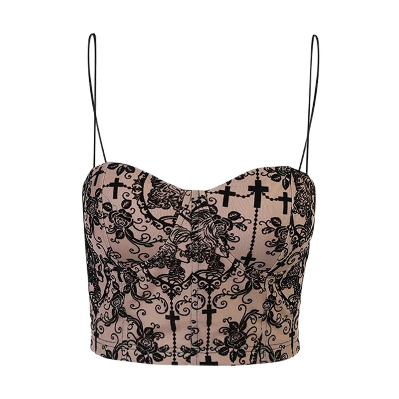 

Women Sexy Backless Camisole Vintage Floral Print Apricot Camis Gothic Aesthetic Bodycon Corset Tops Female Summer Slimming Tops