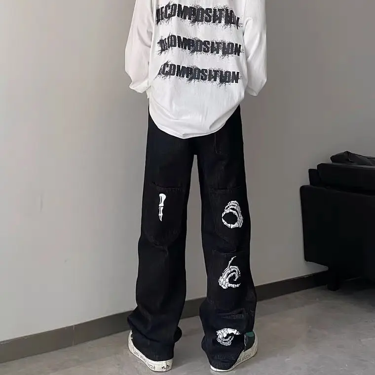

GODLIKEU Gothic Skull Print Multi Pockets Black Baggy Jeans Punk Trendy Streetwear Denim Pants Loose Harajuku Trousers