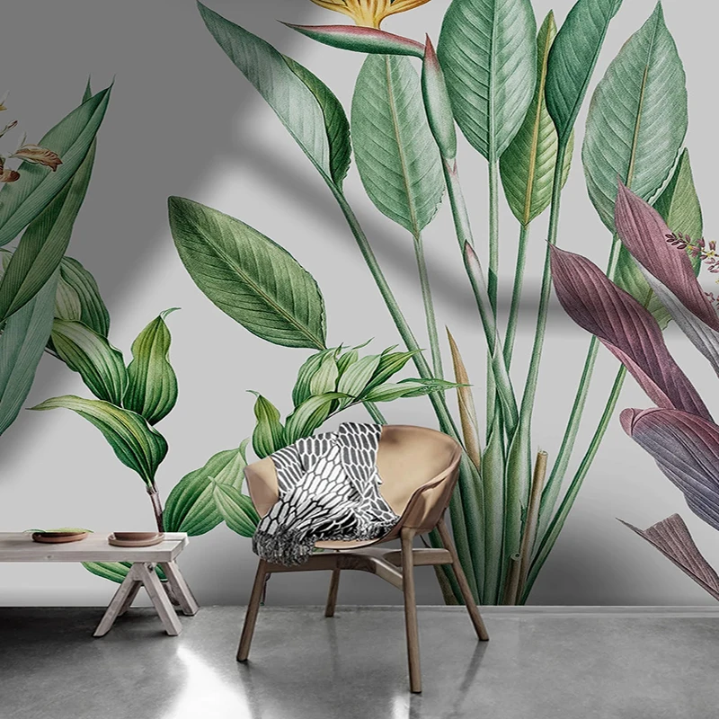 Фотообои современные водостойкие с ручной росписью тропические растения листья