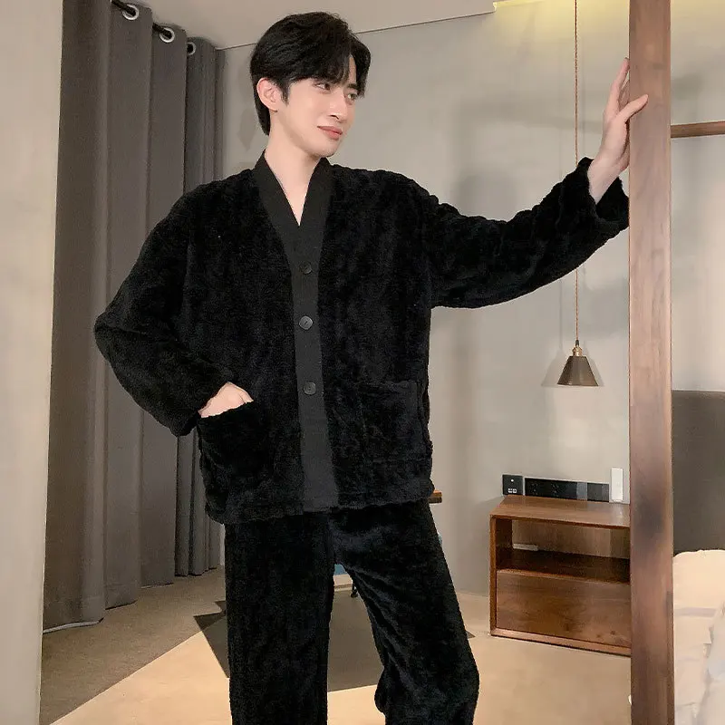 

Осенне-зимняя мужская черная Фланелевая пижама, одежда для сна с длинным рукавом, теплый топ + штаны, Пижама