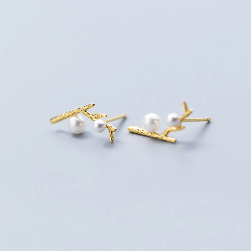 

MloveAcc High Quality 925 Sterling Silver Flower Branch Stud Earrings Pearl Small Gold Earrings for Women Wedding Jewelry