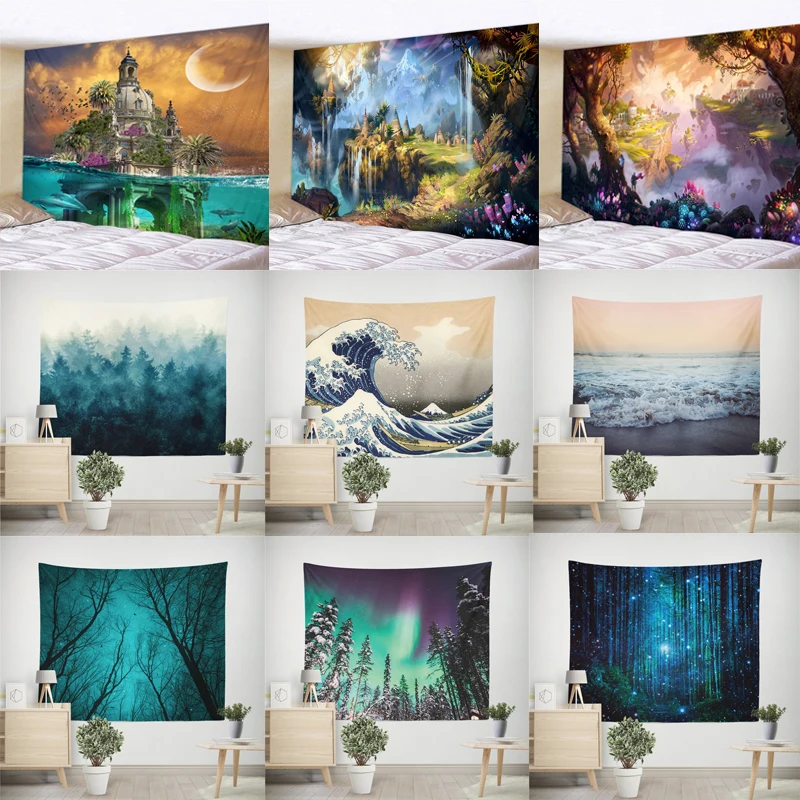 Японский гобелен с принтом волн канагава подвесные гобелены деревом луной