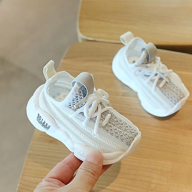 Кроссовки детские летние без шнуровки дышащие сетчатые вязаные розовые желтые